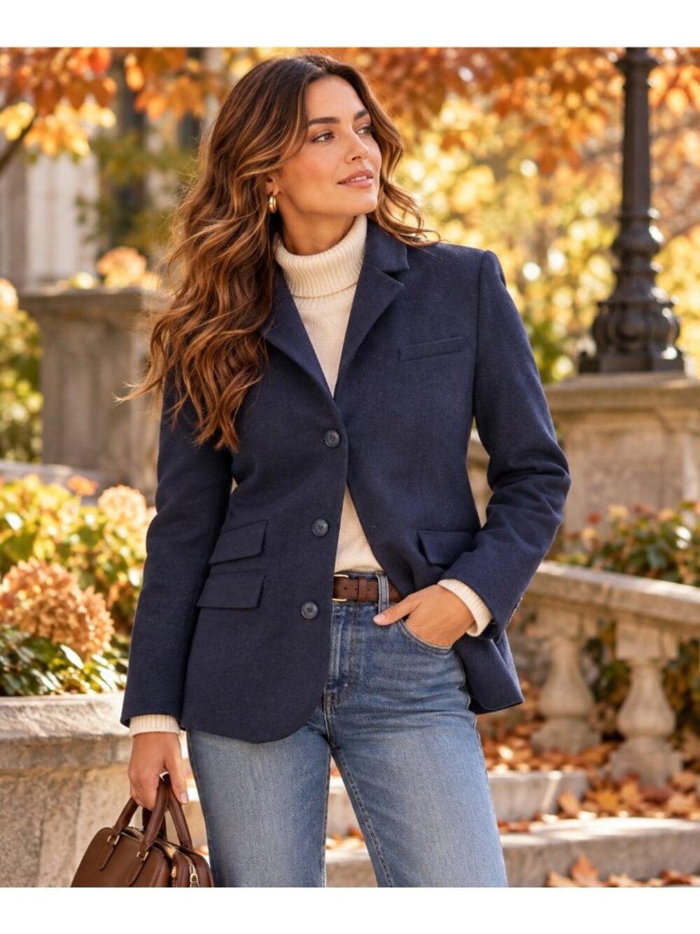Quince Women’s Large Italian Wool Navy Blue Stand Collar Blazer Lanificio Nello